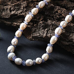 White Freshwater Pearl and Tanzanite 20 Ctw Moon Over Indigo Necklace 18 Inches in Rhodium Over Sterling Silver 