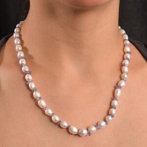 White Freshwater Pearl and Tanzanite 20 Ctw Moon Over Indigo Necklace 18 Inches in Rhodium Over Sterling Silver 