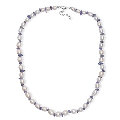 White Freshwater Pearl and Tanzanite 20 Ctw Moon Over Indigo Necklace 18 Inches in Rhodium Over Sterling Silver 