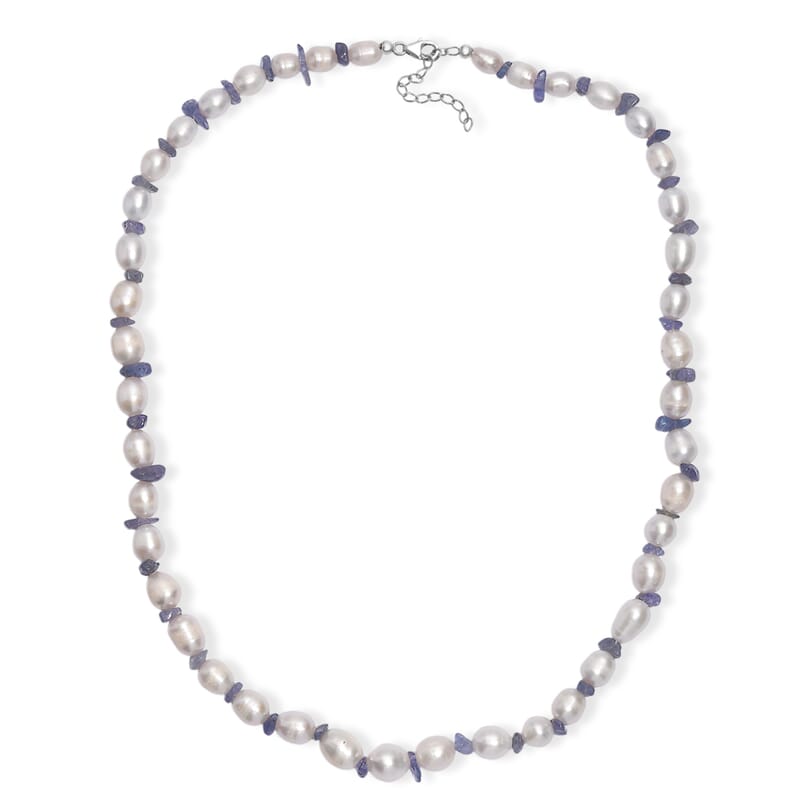 White Freshwater Pearl and Tanzanite 20 Ctw Moon Over Indigo Necklace 18 Inches in Rhodium Over Sterling Silver 