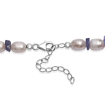 White Freshwater Pearl and Tanzanite 20 Ctw Moon Over Indigo Necklace 18 Inches in Rhodium Over Sterling Silver 