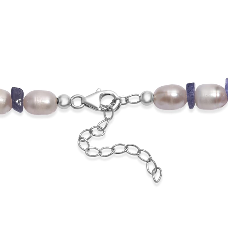 White Freshwater Pearl and Tanzanite 20 Ctw Moon Over Indigo Necklace 18 Inches in Rhodium Over Sterling Silver 