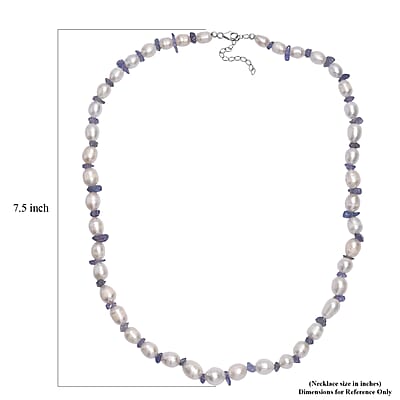 White Freshwater Pearl and Tanzanite 20 Ctw Moon Over Indigo Necklace 18 Inches in Rhodium Over Sterling Silver 