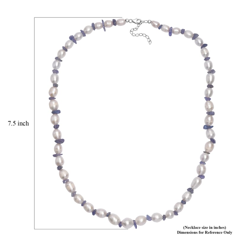 White Freshwater Pearl and Tanzanite 20 Ctw Moon Over Indigo Necklace 18 Inches in Rhodium Over Sterling Silver 
