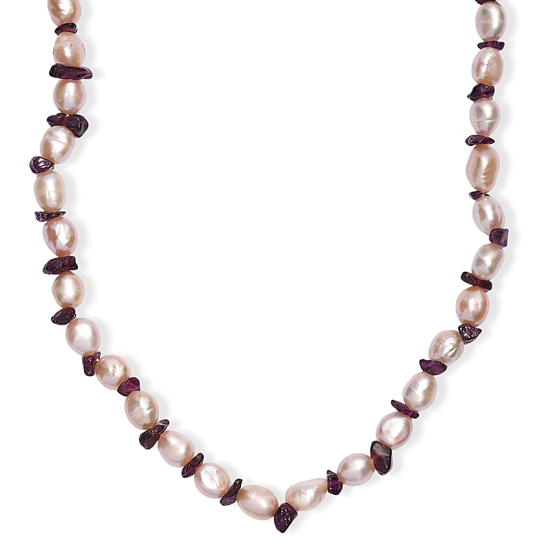 Pink Freshwater Pearl and Orissa Rhodolite Garnet 45 Ctw Elegance Necklace 18 Inches in Rhodium Over Sterling Silver