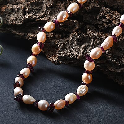 Pink Freshwater Pearl and Orissa Rhodolite Garnet 45 Ctw Elegance Necklace 18 Inches in Rhodium Over Sterling Silver