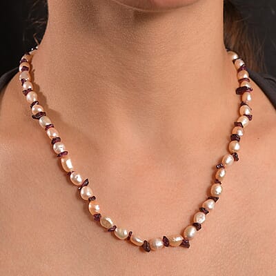 Pink Freshwater Pearl and Orissa Rhodolite Garnet 45 Ctw Elegance Necklace 18 Inches in Rhodium Over Sterling Silver