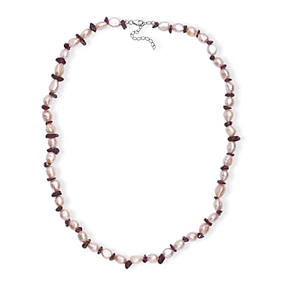 Pink Freshwater Pearl and Orissa Rhodolite Garnet 45 Ctw Elegance Necklace 18 Inches in Rhodium Over Sterling Silver