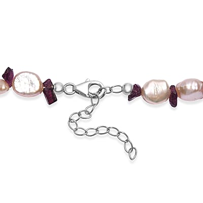 Pink Freshwater Pearl and Orissa Rhodolite Garnet 45 Ctw Elegance Necklace 18 Inches in Rhodium Over Sterling Silver