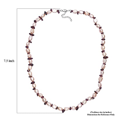 Pink Freshwater Pearl and Orissa Rhodolite Garnet 45 Ctw Elegance Necklace 18 Inches in Rhodium Over Sterling Silver