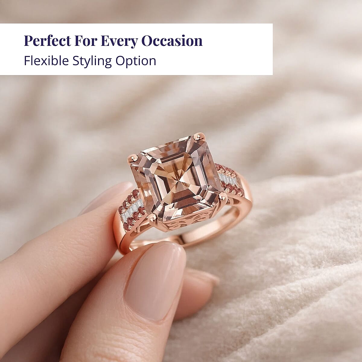 Luxoro Asscher Cut AAA Marropino Morganite, Padparadscha Sapphire and I2 Diamond 6.20 ctw Desert Rose Ring in 14K Rose Gold (Size 10.5) image number 4