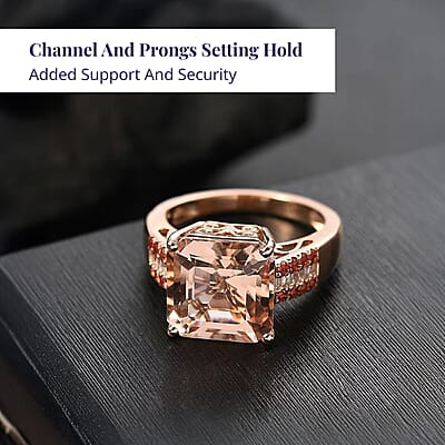 Luxoro Asscher Cut AAA Marropino Morganite, Padparadscha Sapphire and I2 Diamond 6.20 ctw Desert Rose Ring in 14K Rose Gold (Size 12.0)
