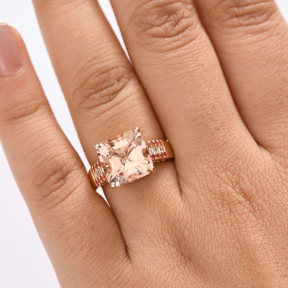 Luxoro Asscher Cut AAA Marropino Morganite, Padparadscha Sapphire and I2 Diamond 6.20 ctw Desert Rose Ring in 14K Rose Gold (Size 6.0) image number 2