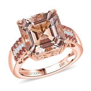 Luxoro Asscher Cut AAA Marropino Morganite, Padparadscha Sapphire and I2 Diamond 6.20 ctw Desert Rose Ring in 14K Rose Gold (Size 7.5)