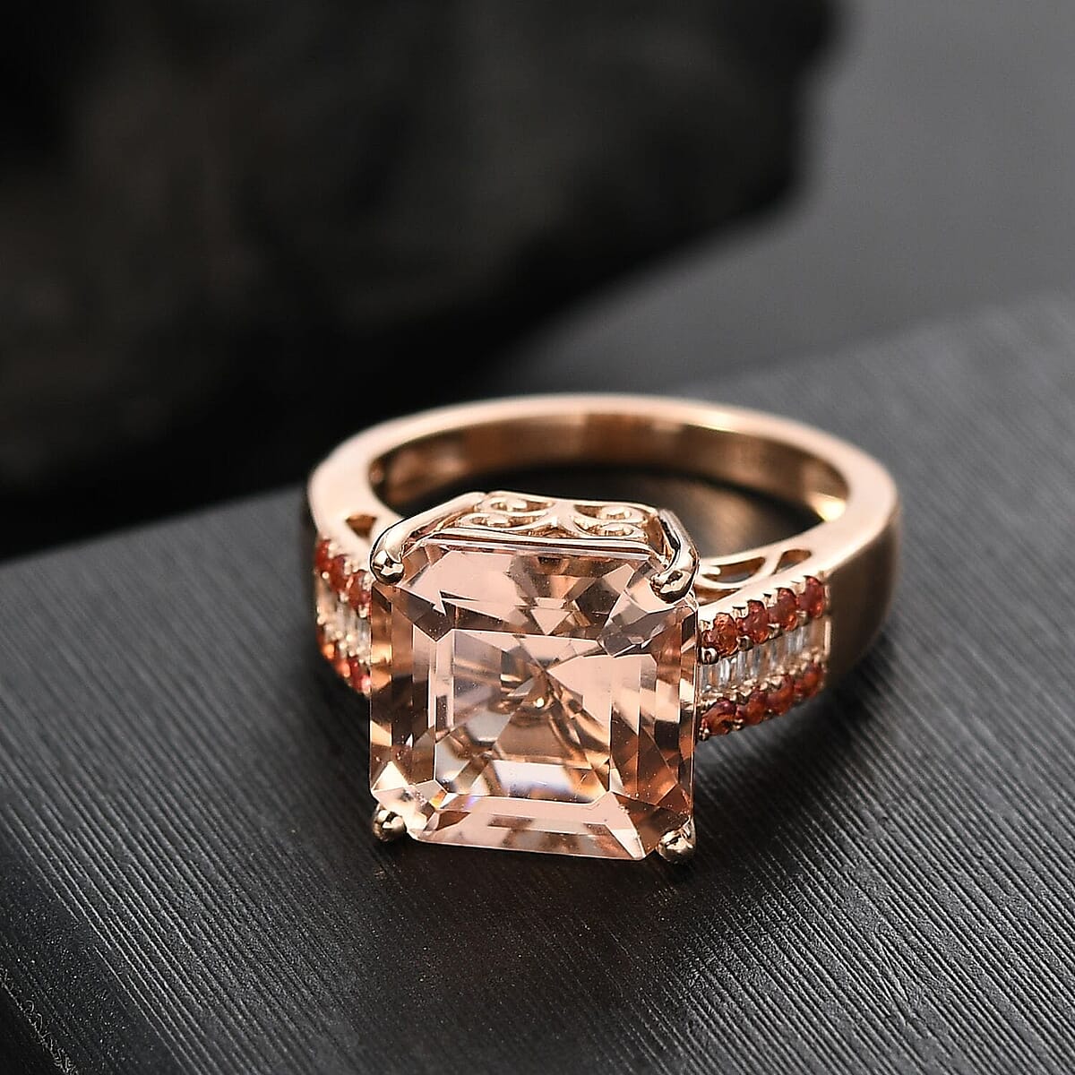Luxoro Asscher Cut AAA Marropino Morganite, Padparadscha Sapphire and I2 Diamond 6.20 ctw Desert Rose Ring in 14K Rose Gold (Size 7.5) image number 1