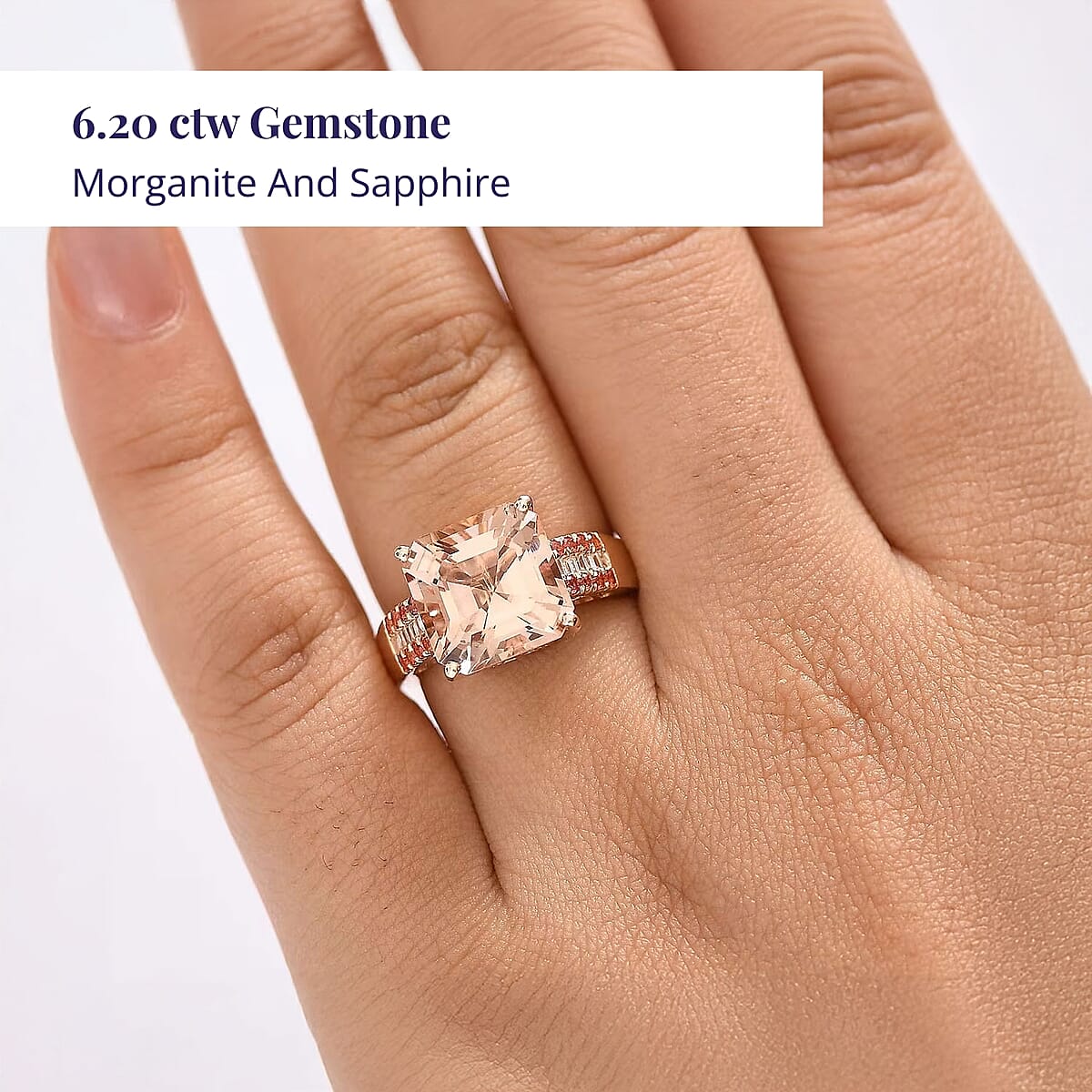 Luxoro Asscher Cut AAA Marropino Morganite, Padparadscha Sapphire and I2 Diamond 6.20 ctw Desert Rose Ring in 14K Rose Gold (Size 8.0) image number 1