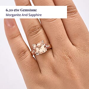 Luxoro Asscher Cut AAA Marropino Morganite, Padparadscha Sapphire and I2 Diamond 6.20 ctw Desert Rose Ring in 14K Rose Gold (Size 8.0)