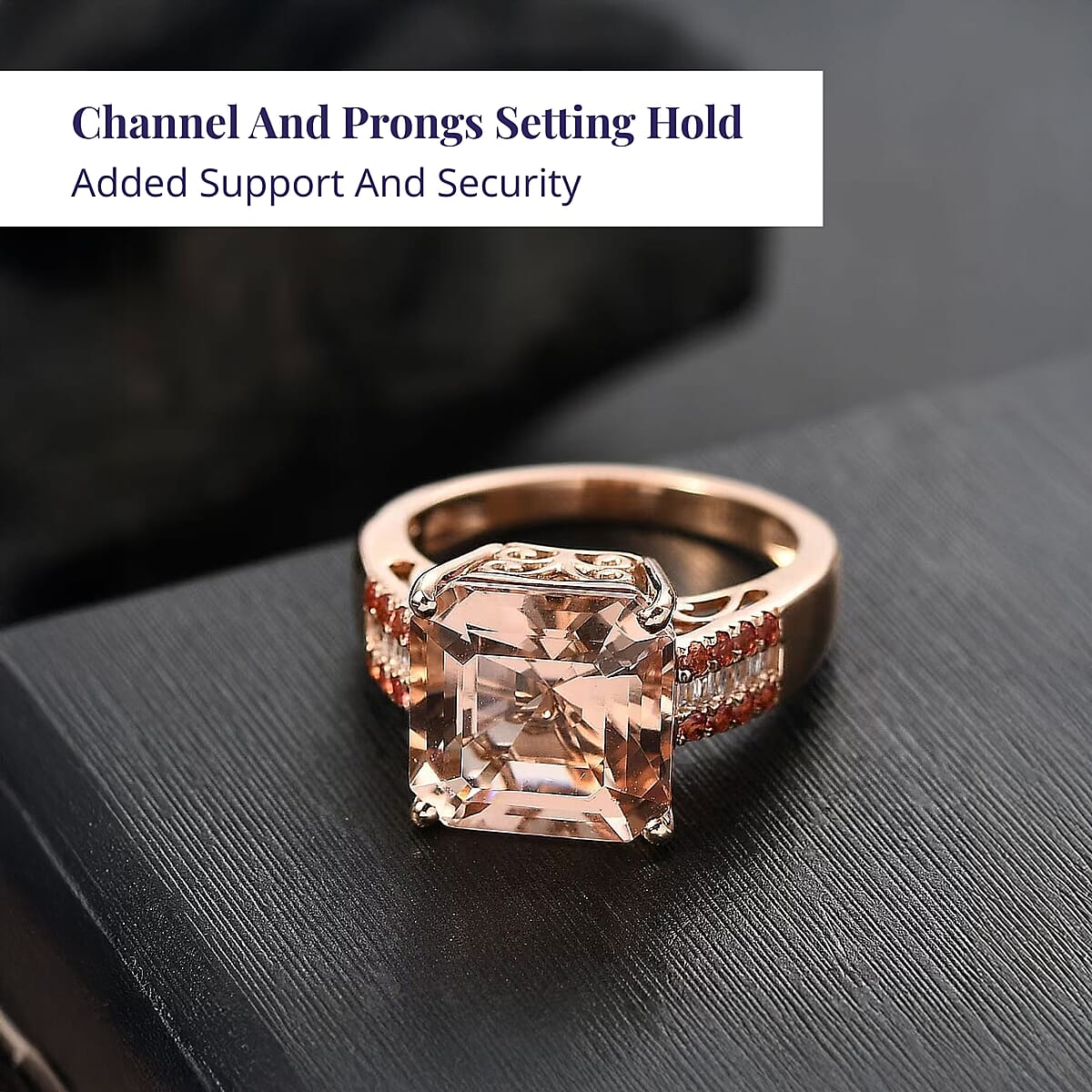 Luxoro Asscher Cut AAA Marropino Morganite, Padparadscha Sapphire and I2 Diamond 6.20 ctw Desert Rose Ring in 14K Rose Gold (Size 8.0) image number 3
