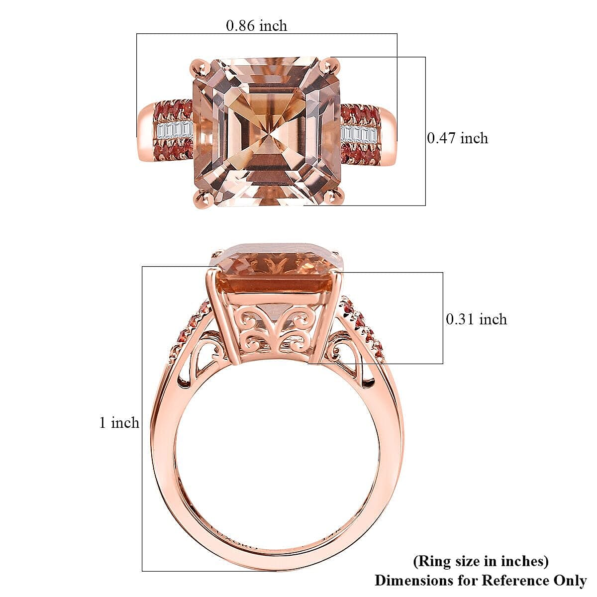 Luxoro Asscher Cut AAA Marropino Morganite, Padparadscha Sapphire and I2 Diamond 6.20 ctw Desert Rose Ring in 14K Rose Gold (Size 8.5) image number 5