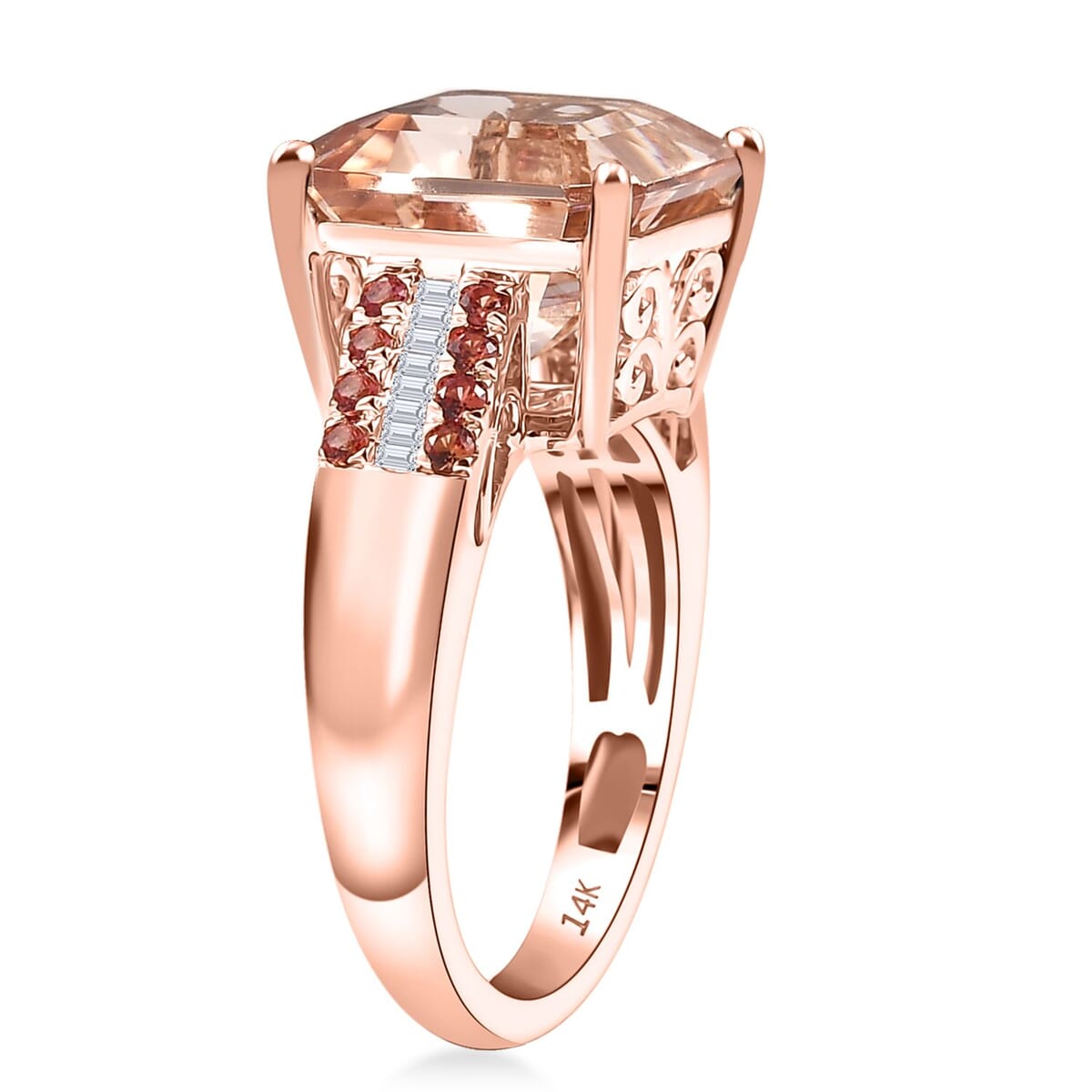 Luxoro Asscher Cut AAA Marropino Morganite, Padparadscha Sapphire and I2 Diamond 6.20 ctw Desert Rose Ring in 14K Rose Gold (Size 9.0) image number 3