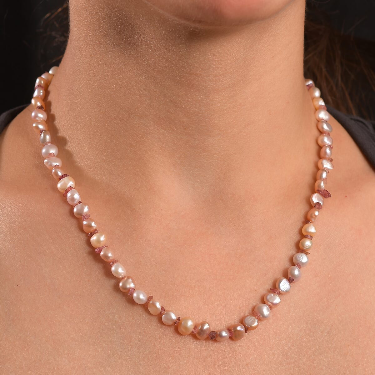 White Freshwater Pearl and Morro Redondo Pink Tourmaline 18 Ctw Necklace 18 Inches in 18K Vermeil Rose Gold Over Sterling Silver image number 2