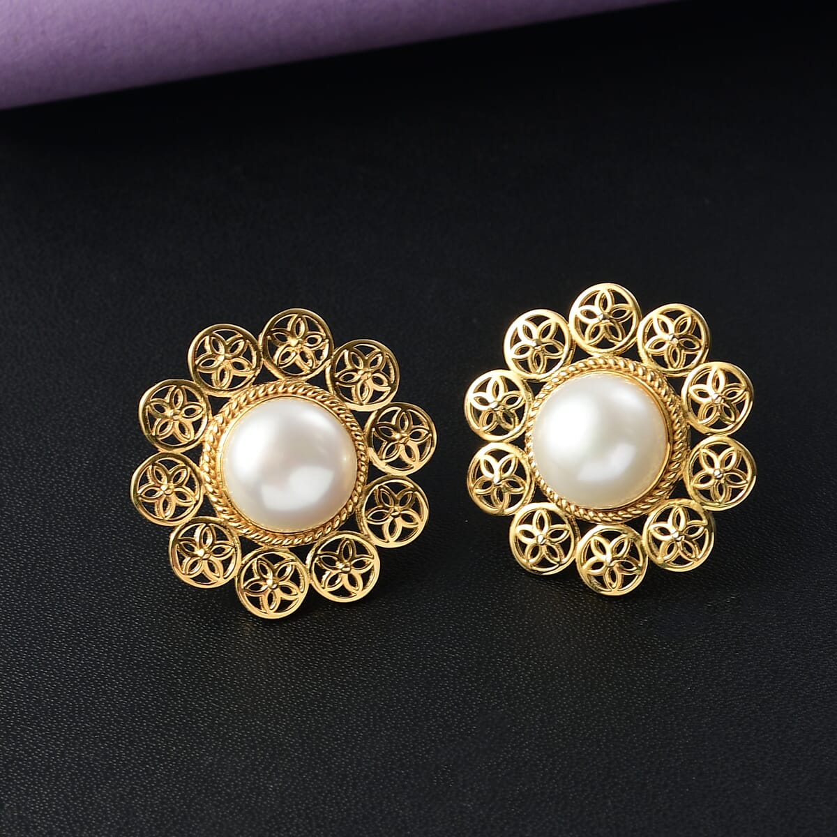 D'Joy Freshwater Pearl Floral Earrings in 18K Vermeil Yellow Gold Over Sterling Silver image number 1