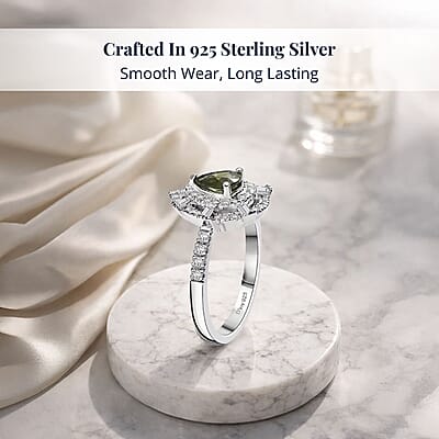 D'Joy AAA Madagascar Green Sapphire, Moissanite Bloom Ring in Rhodium Over Sterling Silver 1.35 ctw (Size 10.0)