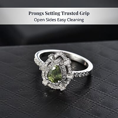 D'Joy AAA Madagascar Green Sapphire, Moissanite Bloom Ring in Rhodium Over Sterling Silver 1.35 ctw (Size 10.0)