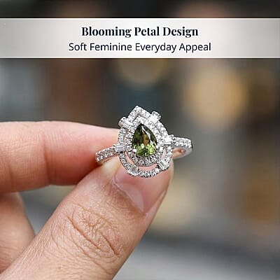 D'Joy AAA Madagascar Green Sapphire, Moissanite Bloom Ring in Rhodium Over Sterling Silver 1.35 ctw (Size 10.0)
