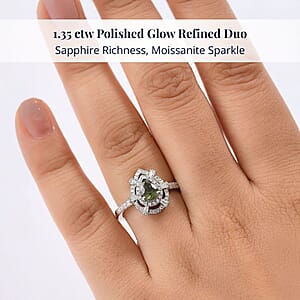 D'Joy AAA Madagascar Green Sapphire, Moissanite Bloom Ring in Rhodium Over Sterling Silver 1.35 ctw (Size 9.0)