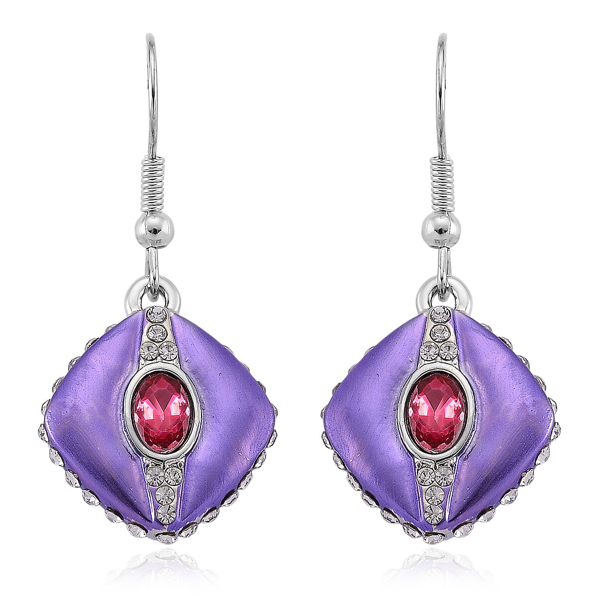 Fuchsia and White Austrian Crystal Drop Earrings in Silvertone image number 0
