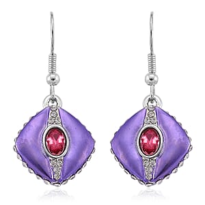 Fuchsia and White Austrian Crystal Drop Earrings in Silvertone