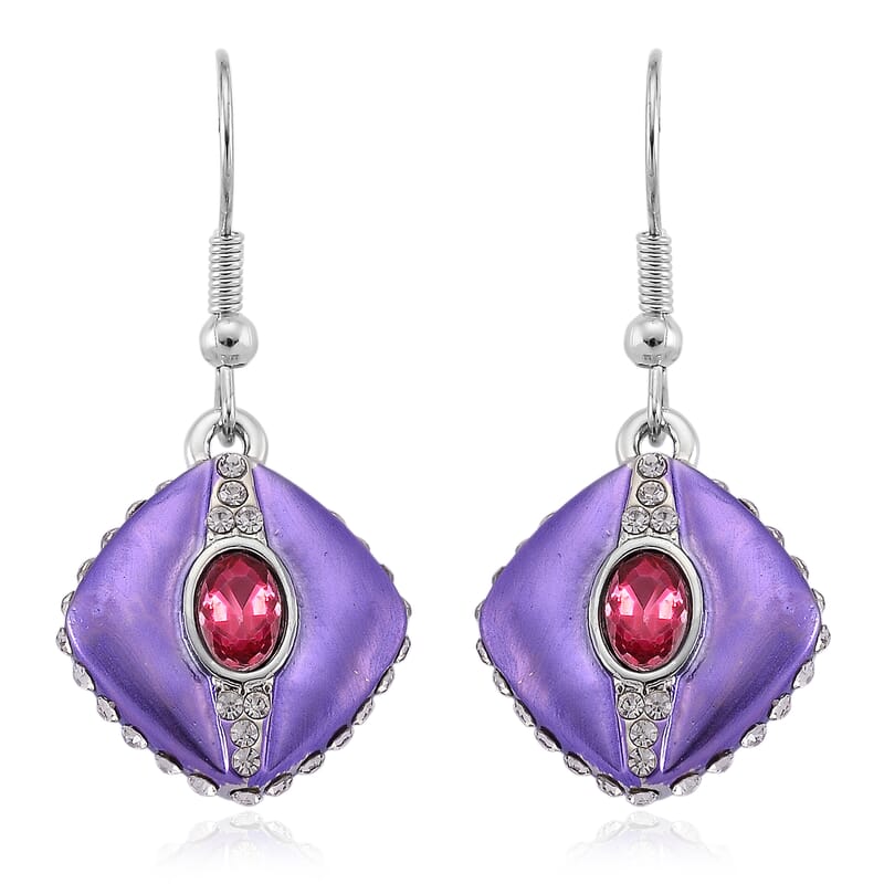 Fuchsia and White Austrian Crystal Drop Earrings in Silvertone