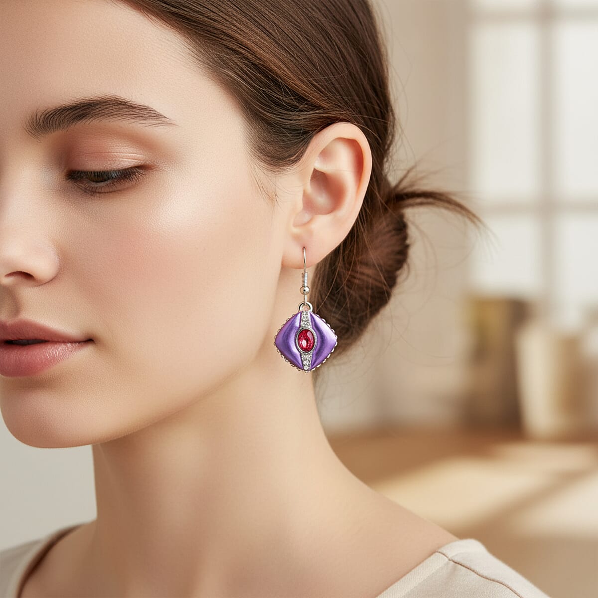 Fuchsia and White Austrian Crystal Drop Earrings in Silvertone image number 2