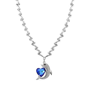 Blue Glass, Black and White Austrian Crystal Dolphin Heart Necklace in Silvertone 20-22 Inches