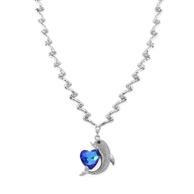 Blue Glass, Black and White Austrian Crystal Dolphin Heart Necklace in Silvertone 20-22 Inches