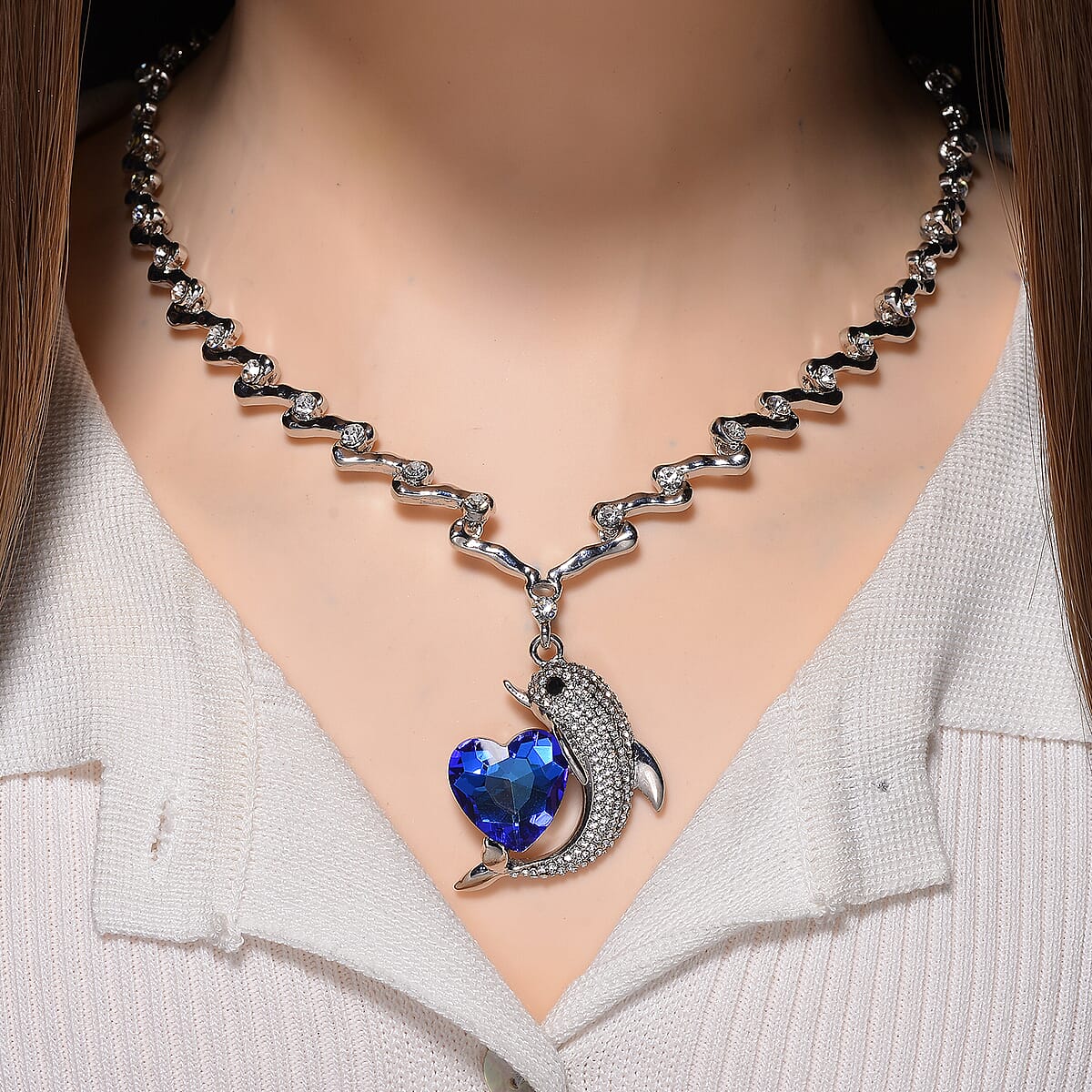 Blue Glass, Black and White Austrian Crystal Dolphin Heart Necklace in Silvertone 20-22 Inches image number 1