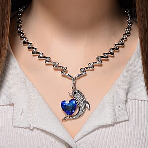 Blue Glass, Black and White Austrian Crystal Dolphin Heart Necklace in Silvertone 20-22 Inches