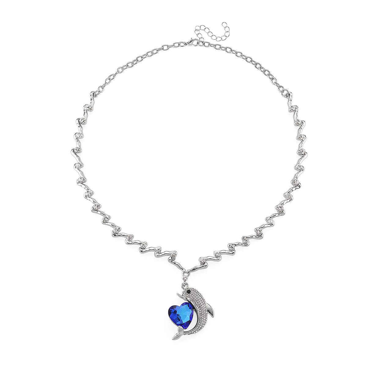 Blue Glass, Black and White Austrian Crystal Dolphin Heart Necklace in Silvertone 20-22 Inches image number 2