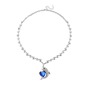 Blue Glass, Black and White Austrian Crystal Dolphin Heart Necklace in Silvertone 20-22 Inches