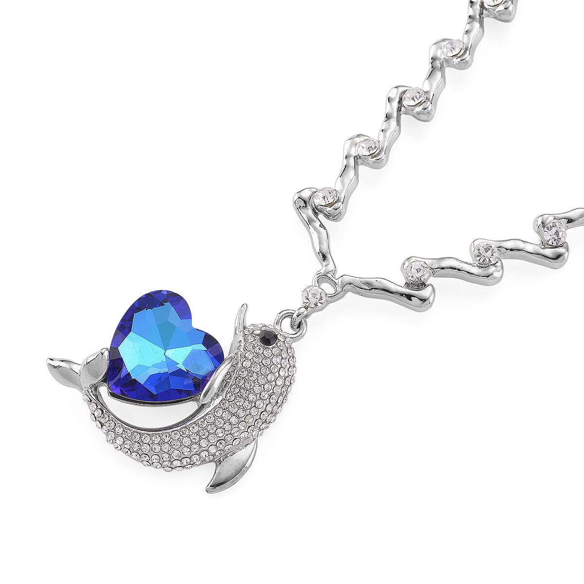 Blue Glass, Black and White Austrian Crystal Dolphin Heart Necklace in Silvertone 20-22 Inches image number 3