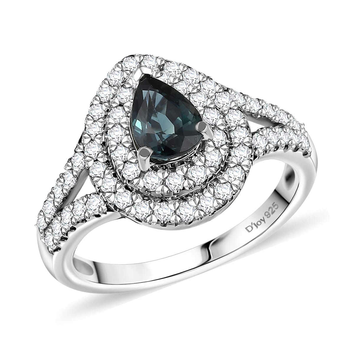 AAA Madagascar Teal Sapphire, Moissanite Ocean Empress Ring in Rhodium Over Sterling Silver (Size 10.0) 1.60 ctw image number 0