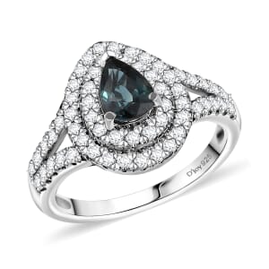 D'Joy AAA Madagascar Teal Sapphire and Moissanite 1.60 ctw Forest Glint Ring in Rhodium Over Sterling Silver (Size 10.0)