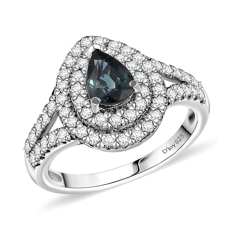 D'Joy AAA Madagascar Teal Sapphire, Moissanite Ring in Rhodium Over Sterling Silver 1.60 ctw (Size 10.0)