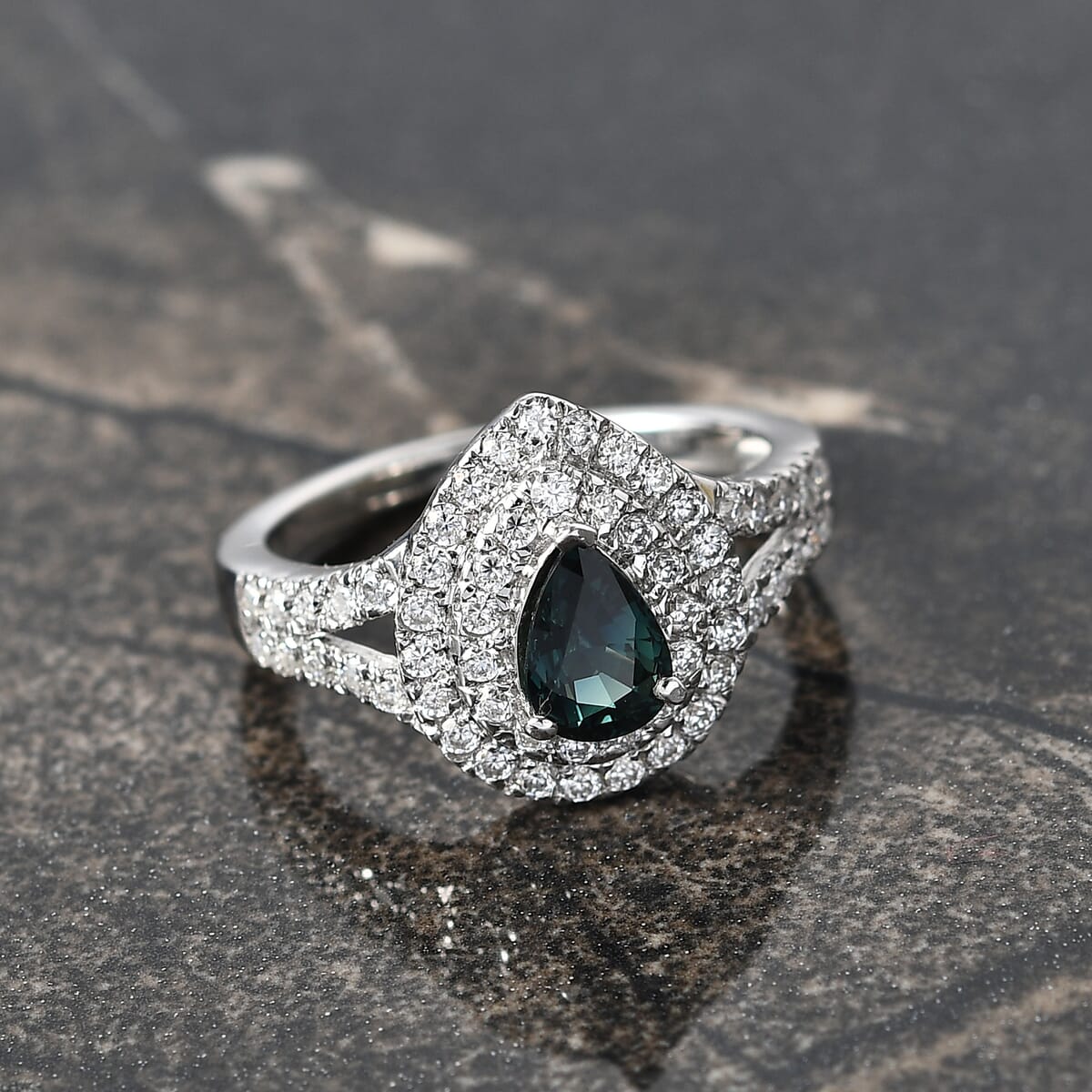 AAA Madagascar Teal Sapphire, Moissanite Ocean Empress Ring in Rhodium Over Sterling Silver (Size 10.0) 1.60 ctw image number 1