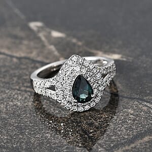 D'Joy AAA Madagascar Teal Sapphire, Moissanite Ring in Rhodium Over Sterling Silver 1.60 ctw (Size 10.0)