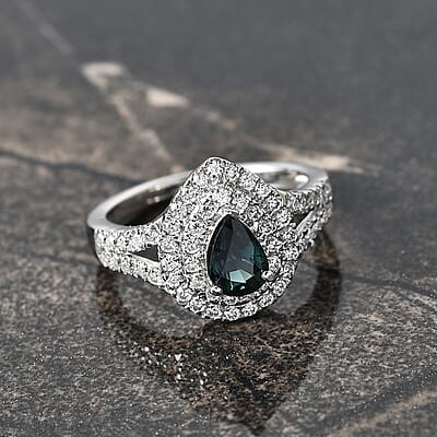 D'Joy AAA Madagascar Teal Sapphire, Moissanite Ring in Rhodium Over Sterling Silver 1.60 ctw (Size 10.0)
