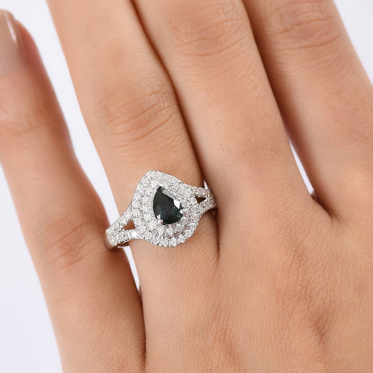 AAA Madagascar Teal Sapphire, Moissanite Ocean Empress Ring in Rhodium Over Sterling Silver (Size 10.0) 1.60 ctw image number 2