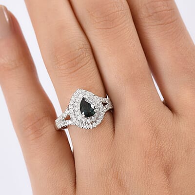 D'Joy AAA Madagascar Teal Sapphire, Moissanite Ring in Rhodium Over Sterling Silver 1.60 ctw (Size 10.0)