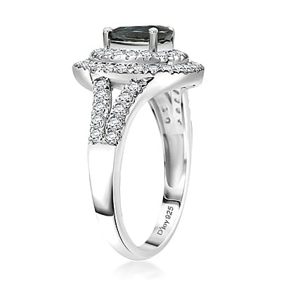 D'Joy AAA Madagascar Teal Sapphire, Moissanite Ring in Rhodium Over Sterling Silver 1.60 ctw (Size 10.0)